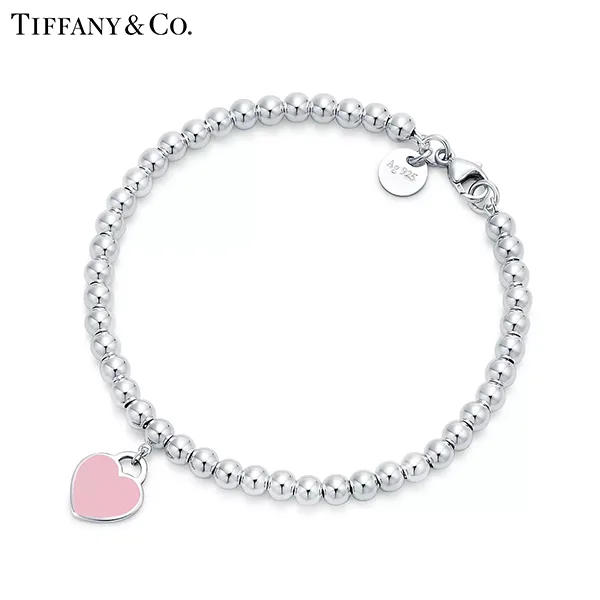 Return To Tiffany™ 系列 蒂芙尼純銀鑲粉色琺瑯Heart Tag珠式手鍊