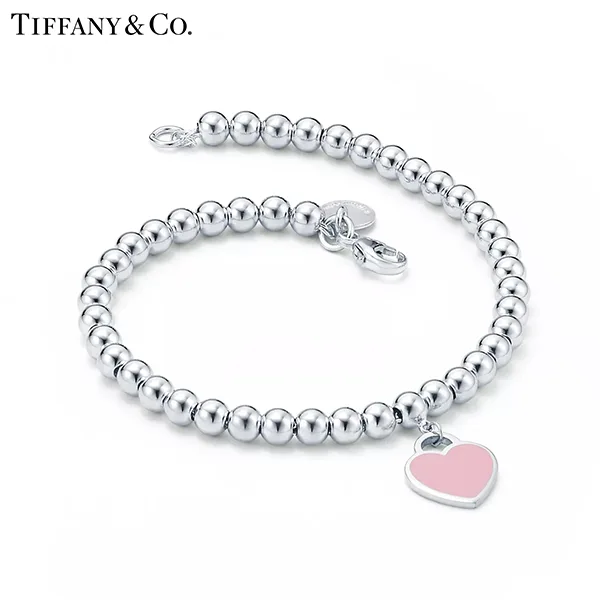 Return To Tiffany™ 系列 蒂芙尼純銀鑲粉色琺瑯Heart Tag珠式手鍊