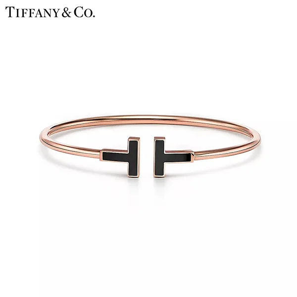 蒂芙尼 Tiffany T Wire 18K 玫瑰金鑲嵌黑色縞瑪瑙線圈手鐲
